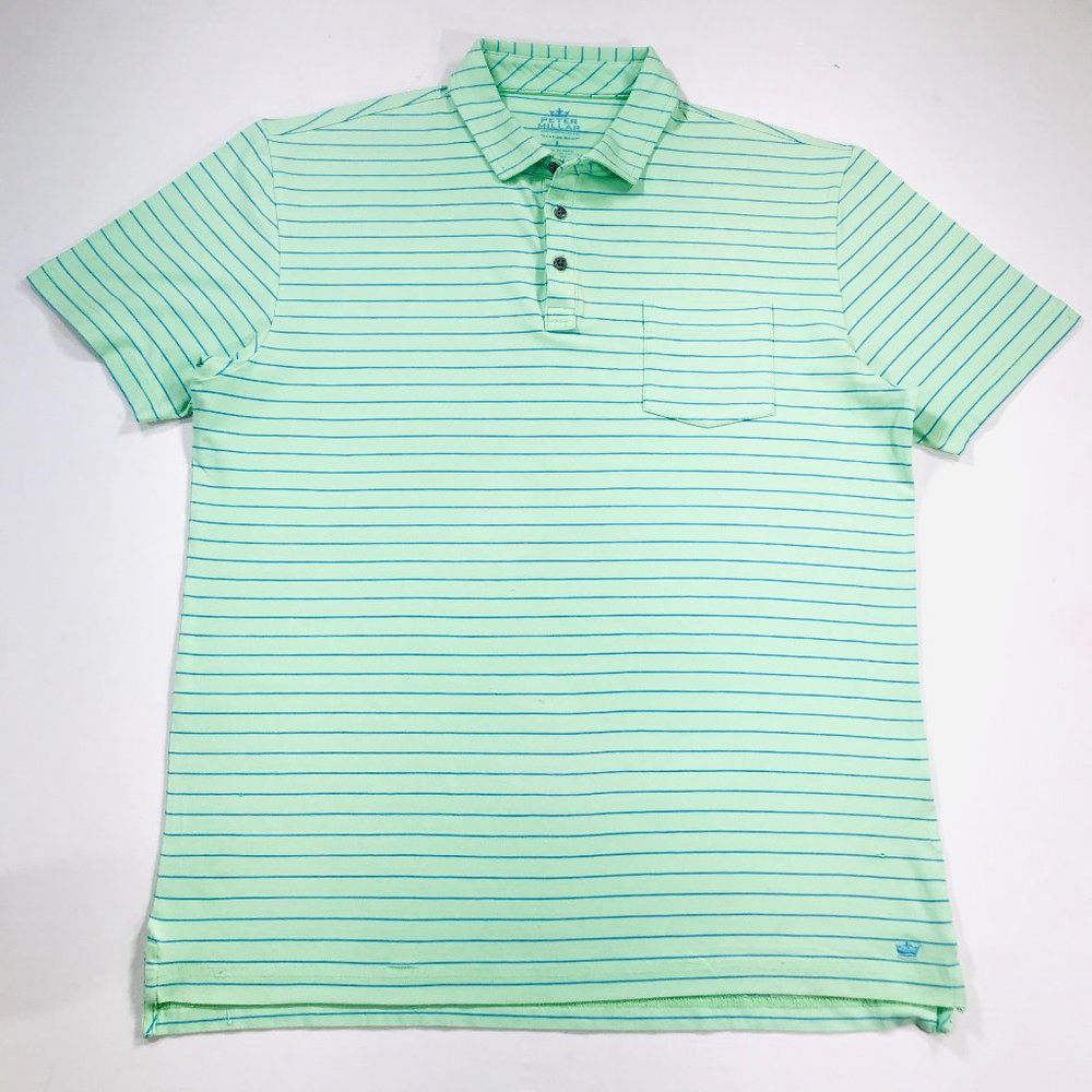 Peter Millar Seaside Wash Polo Shirt S/S Green Blue Striped Men's Size Large